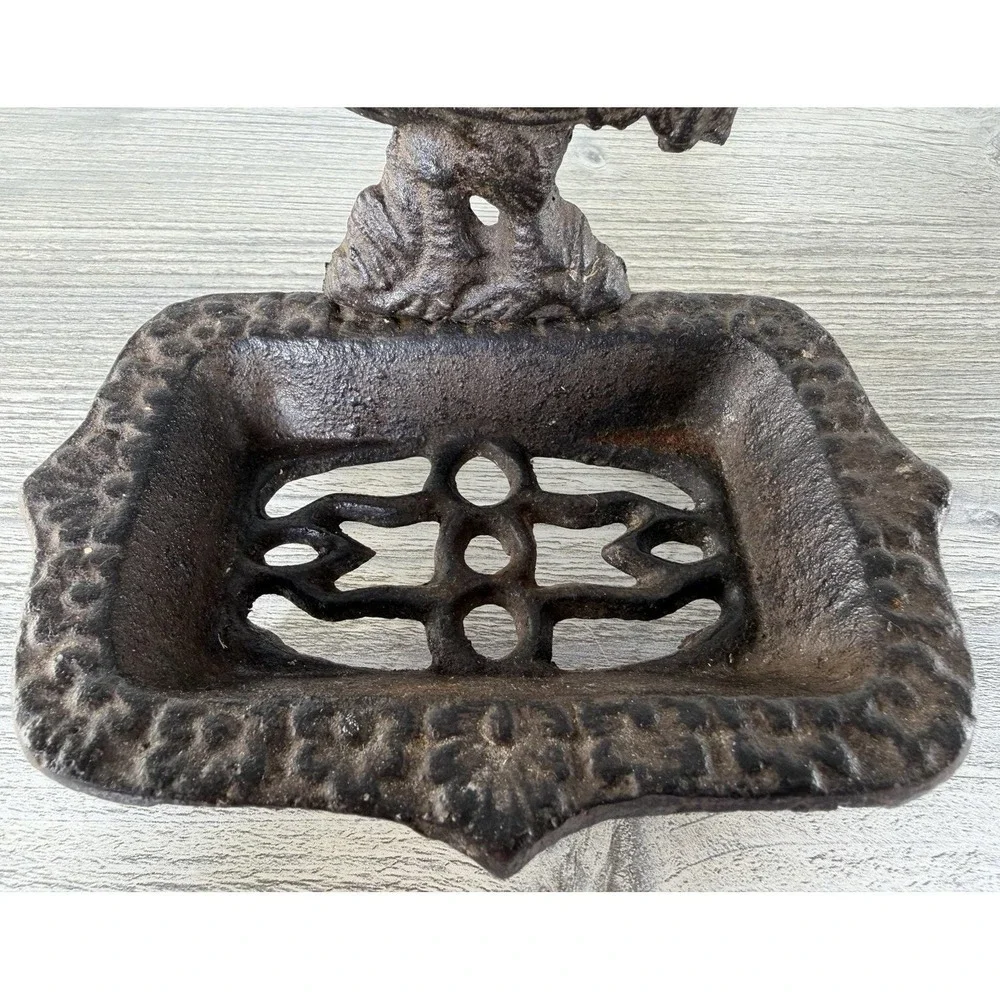 Vintage Rustic Cast Iron Rooster Soap Sponge Dish Farmhouse Chicken